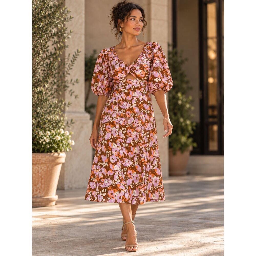 Fate By FDL Floral Linen Twist Front Cutout Puff Sleeve Midi Dress Size Small